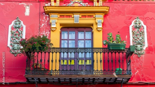 The Old Town of Seville, Andalusia, Spain, features a balcony on the red facade of a Sevilian house. photo