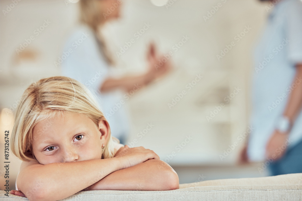 © CoetzeeRising/peopleimages.com - Parents, fight and depressed girl in home with abuse, argument and portrait in lounge, angry and trauma. Living room, divorced and people with talk of full custody of kid, sofa and child support