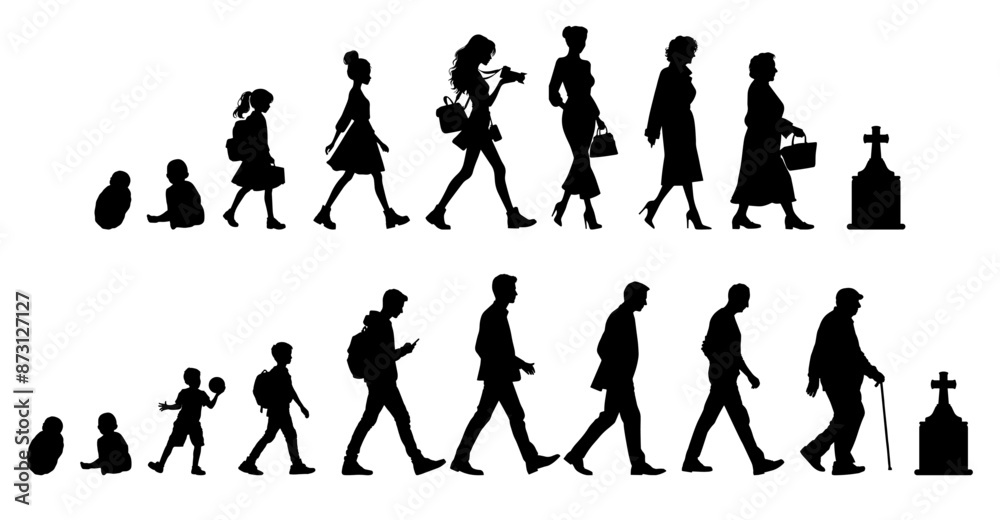 Vector illustration. Silhouette of growing up man from baby to old age ...