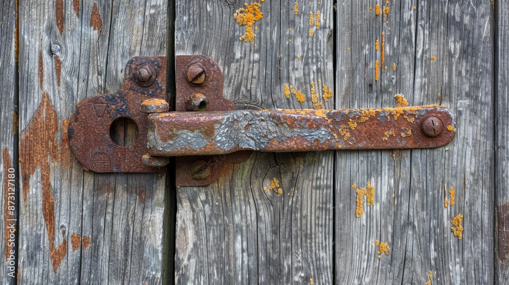 Rusty lock secures weathered wooden door Rusty lock secures weathered wooden door