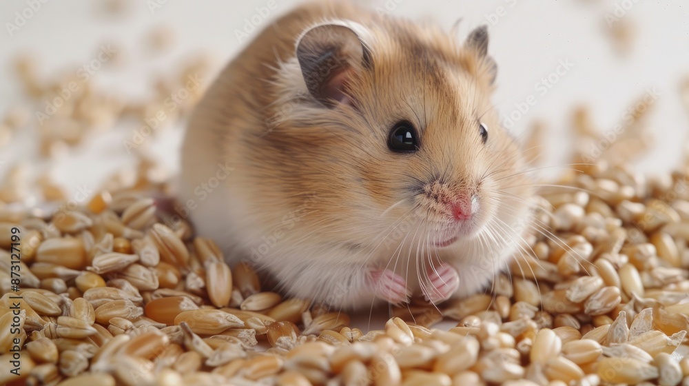 Syrian hamster surrounded by scattered grains on a white backdrop Syrian hamster surrounded by scattered grains on a white backdrop