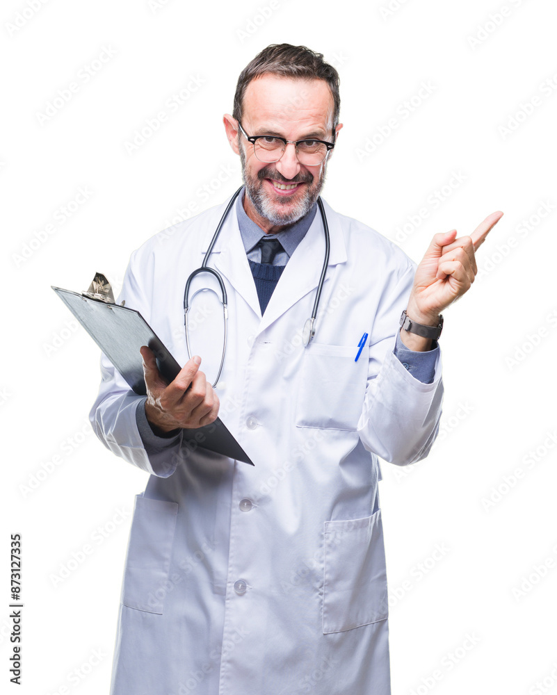 Middle age senior hoary doctor man holding clipboard over isolated background very happy pointing with hand and finger to the side Middle age senior hoary doctor man holding clipboard over isolated background very happy pointing with hand and finger to the side