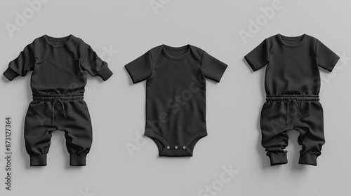 Mockup of a blank black baby suit with a t-shirt, pants, and various views in three dimensions. growsuit made of empty material mocked up with track pants and a t-shirt, isolated. babe pajamas templat photo