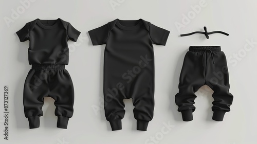 Mockup of a blank black baby suit with a t-shirt, pants, and various views in three dimensions. growsuit made of empty material mocked up with track pants and a t-shirt, isolated. babe pajamas templat photo