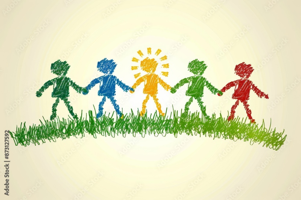 Fototapeta premium Colorful illustration of children holding hands in a field, celebrating diversity and unity with vibrant hues and joyful expressions in a playful, cartoon style.
