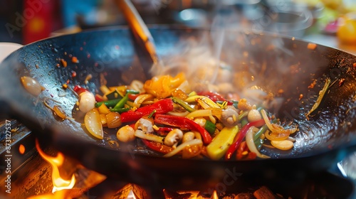 Colorful stir-fry vegetables being cooked in a wok over an open flame, showcasing vibrant and fresh ingredients. photo