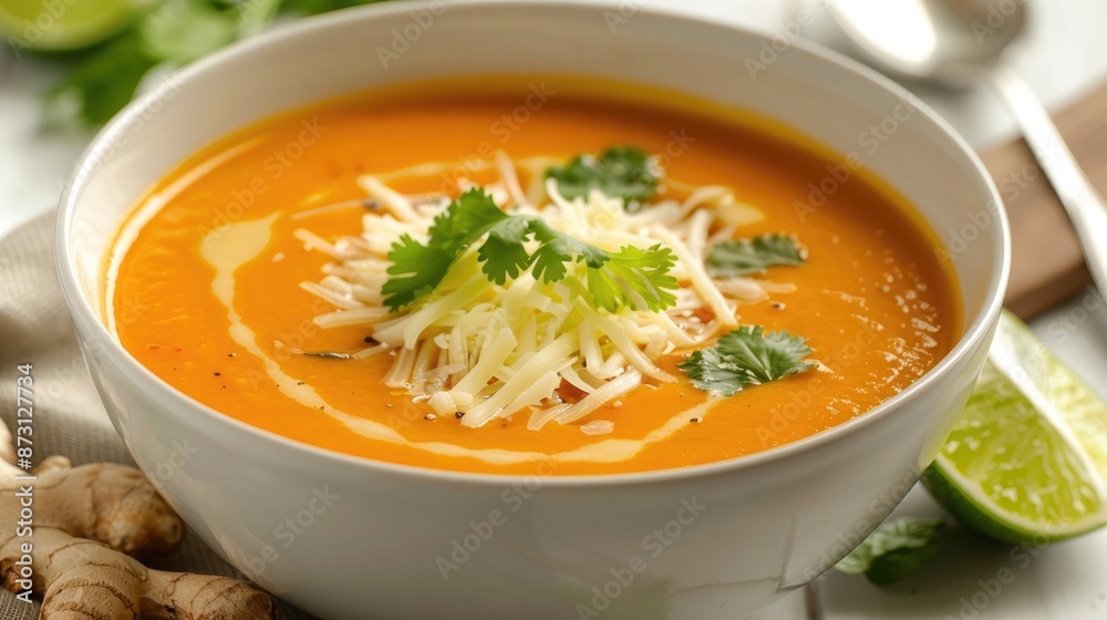 Carrot and ginger soup with baked peppers and cheese garnished with lime juice on a light backdrop Carrot and ginger soup with baked peppers and cheese garnished with lime juice on a light backdrop