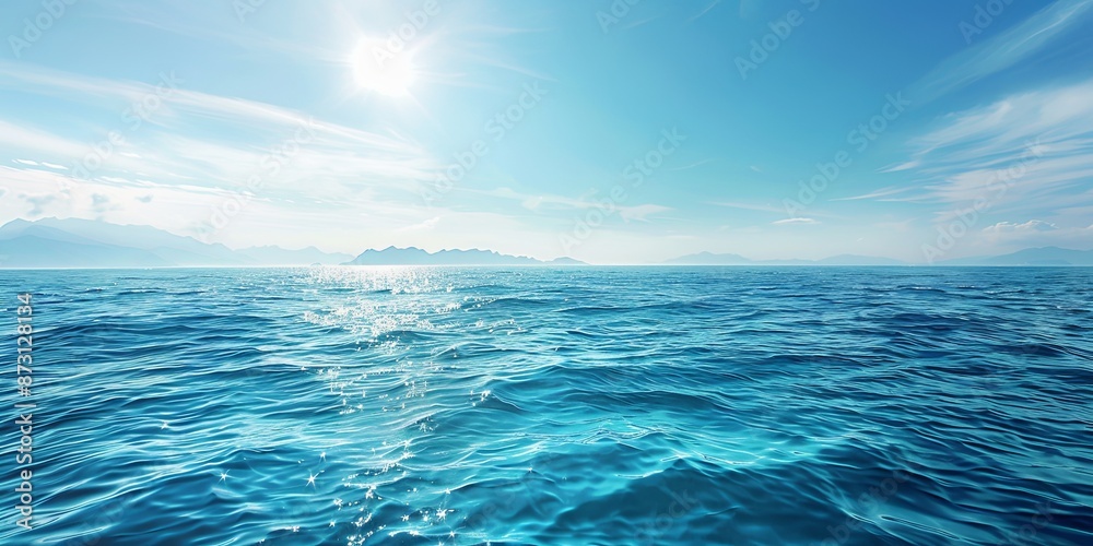 Fototapeta premium Beautiful Ocean View with Clear Blue Sky, Wide Shot of Sea Surface with Gentle Ripples and Sparkling Water Under Bright Sunlight, Creating an Enchanting Scene for Endless Adventure