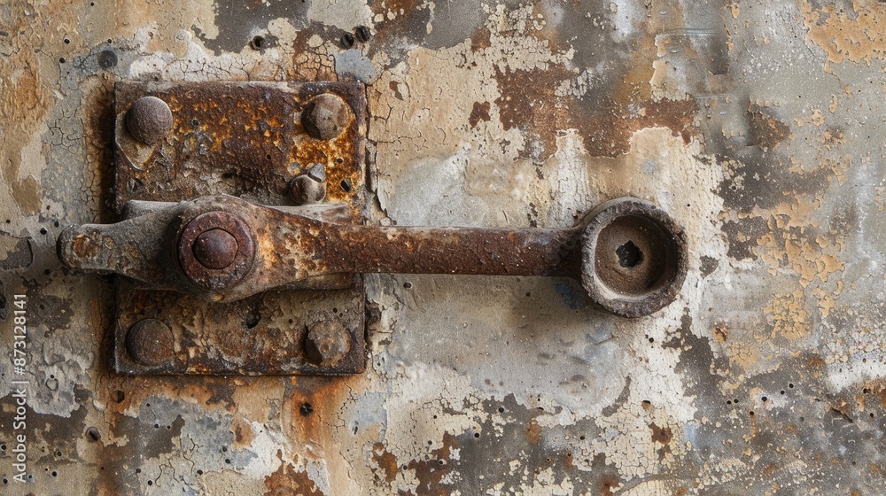 Close up image of an antique rusted lever on a wall with empty space Close up image of an antique rusted lever on a wall with empty space