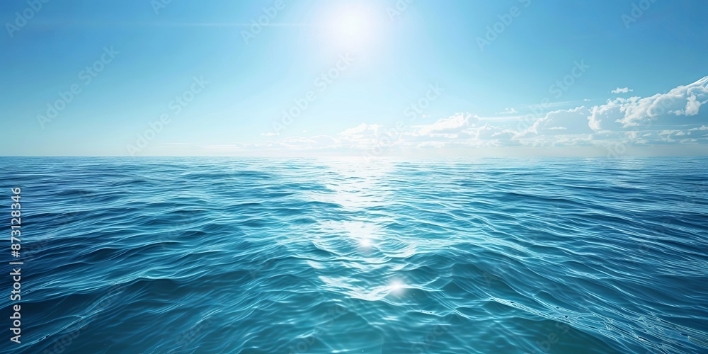 Fototapeta premium Beautiful Ocean View with Clear Blue Sky, Wide Shot of Sea Surface with Gentle Ripples and Sparkling Water Under Bright Sunlight, Creating an Enchanting Scene for Endless Adventure