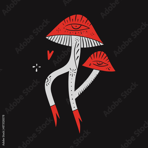 Boho Cartoon Magical Poisonous Fantasy Toadstool Mushroom Occult Magic Object Cartoon Style Vector On Dark Background Clip Art Illustration