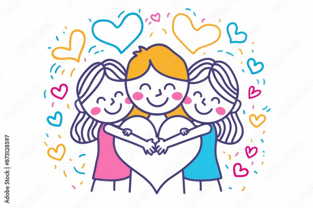 Cute cartoon of a happy family with hearts, illustrating love, joy, and togetherness with vibrant, cheerful colors in a playful, whimsical style. Cute cartoon of a happy family with hearts, illustrating love, joy, and togetherness with vibrant, cheerful colors in a playful, whimsical style.