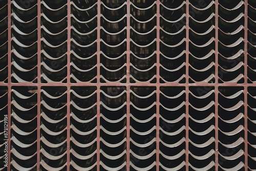 Closeup of a metal grating with a repeating pattern of curved lines, creating a gridlike structure. The metal appears to be rusty or oxidized. photo