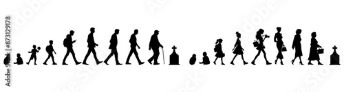Vector illustration. Silhouette of growing up man from baby to old age. Many people of different ages in a row.	