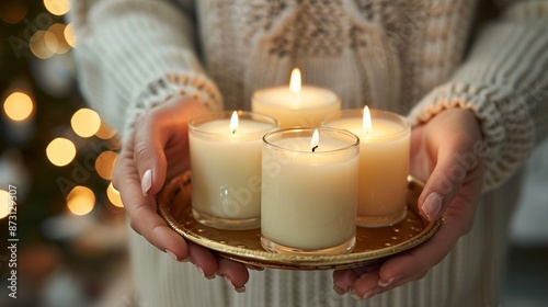 Female hands holding a golden tray with four  lit candles against the background of Christmas lights of the New Year tree in the living room.Atmosphere of warmth and homeliness photo