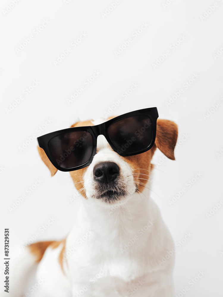 Funny Jack Russell Terrier dog with black sunglasses isolated on white studio background Funny Jack Russell Terrier dog with black sunglasses isolated on white studio background