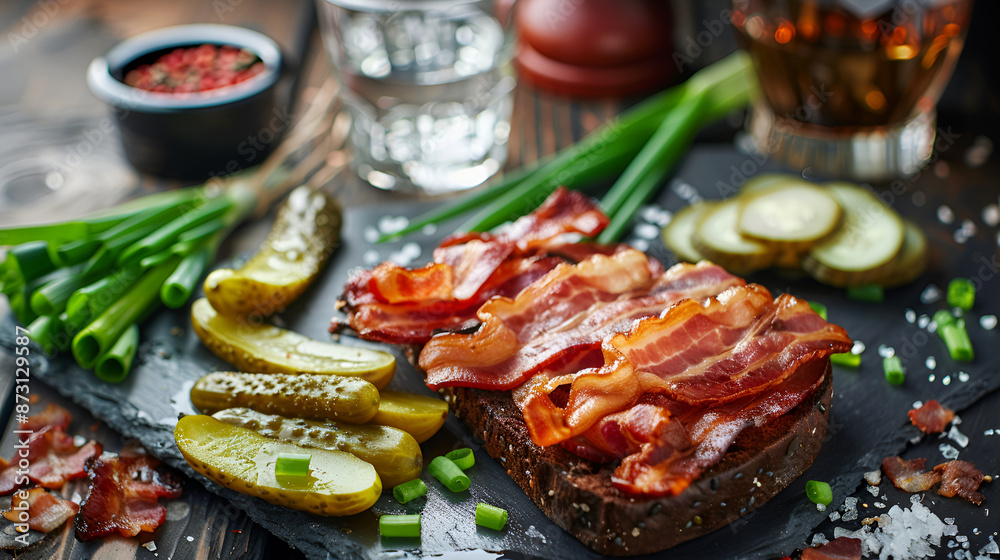 bacon, black bread, pickles, pickled mushrooms, green onions, next to a cold glass of vodka without additives bacon, black bread, pickles, pickled mushrooms, green onions, next to a cold glass of vodka without additives