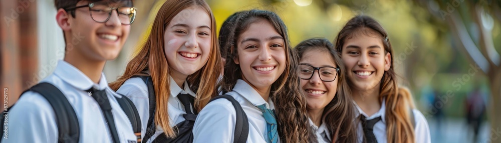 Group of smiling high school students outdoors, wearing uniforms with backpacks, enjoying friendship and sunny weather. Group of smiling high school students outdoors, wearing uniforms with backpacks, enjoying friendship and sunny weather.