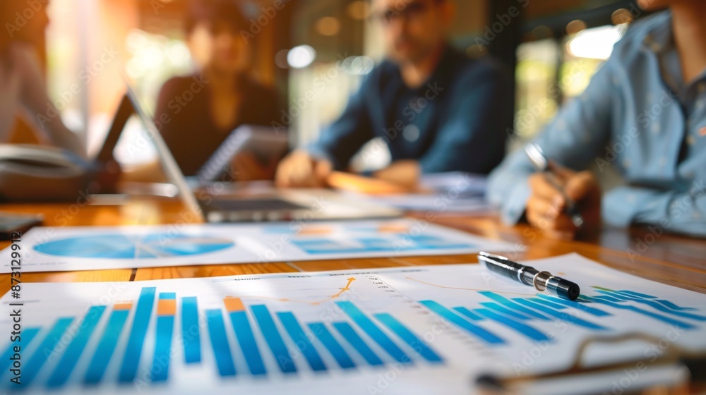 A group of creative coworkers in a business meeting, discussing results charts and graphs while working. A group of creative coworkers in a business meeting, discussing results charts and graphs while working.