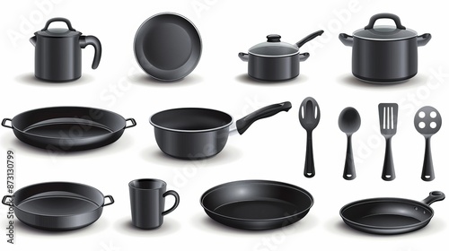 Icon set for cookware and crockery. Isolated on a white background, realistic vector dishes, cups, frying pans, and saucepans.