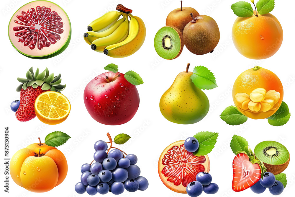 fruits 3d realistic render icon set, isolated on blank background.