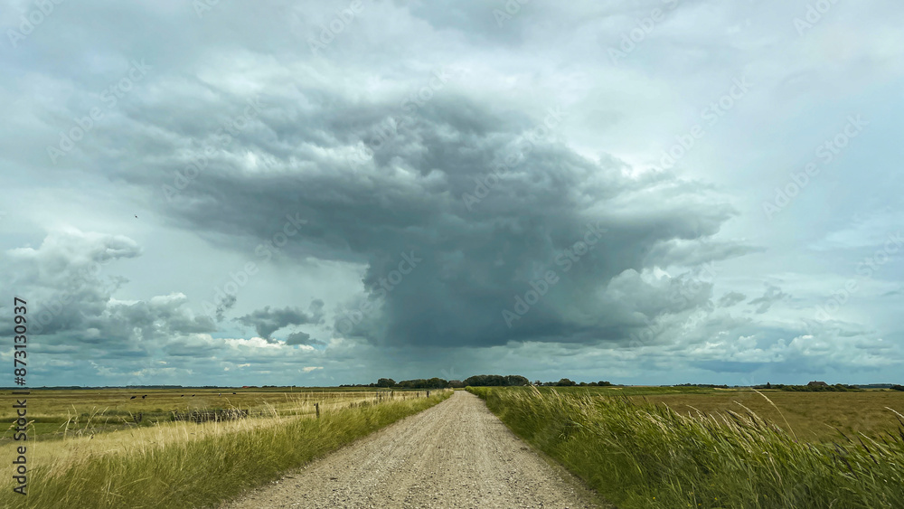 Panorama shot of a rural dirtroad in a flat US midwestern like landscape leading straight into a huge thunderstorm cloud hanging over the horizon Panorama shot of a rural dirtroad in a flat US midwestern like landscape leading straight into a huge thunderstorm cloud hanging over the horizon