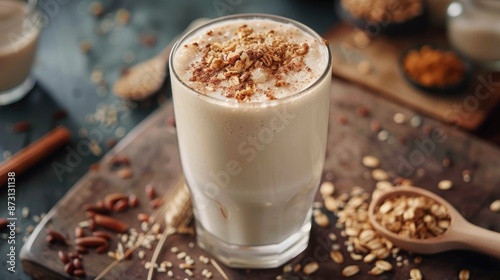 Healthy protein smoothie with roasted multi grain powder as Misutgaru Latte drink photo