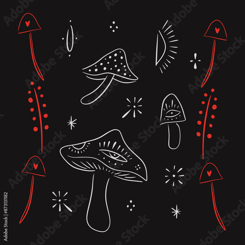 Magic mushrooms collection, fantasy line original nature celestial space set. Fantastic mystical fungi for logos, brochures, decorations, textures, patterns and more. Hand illustrated clip art photo