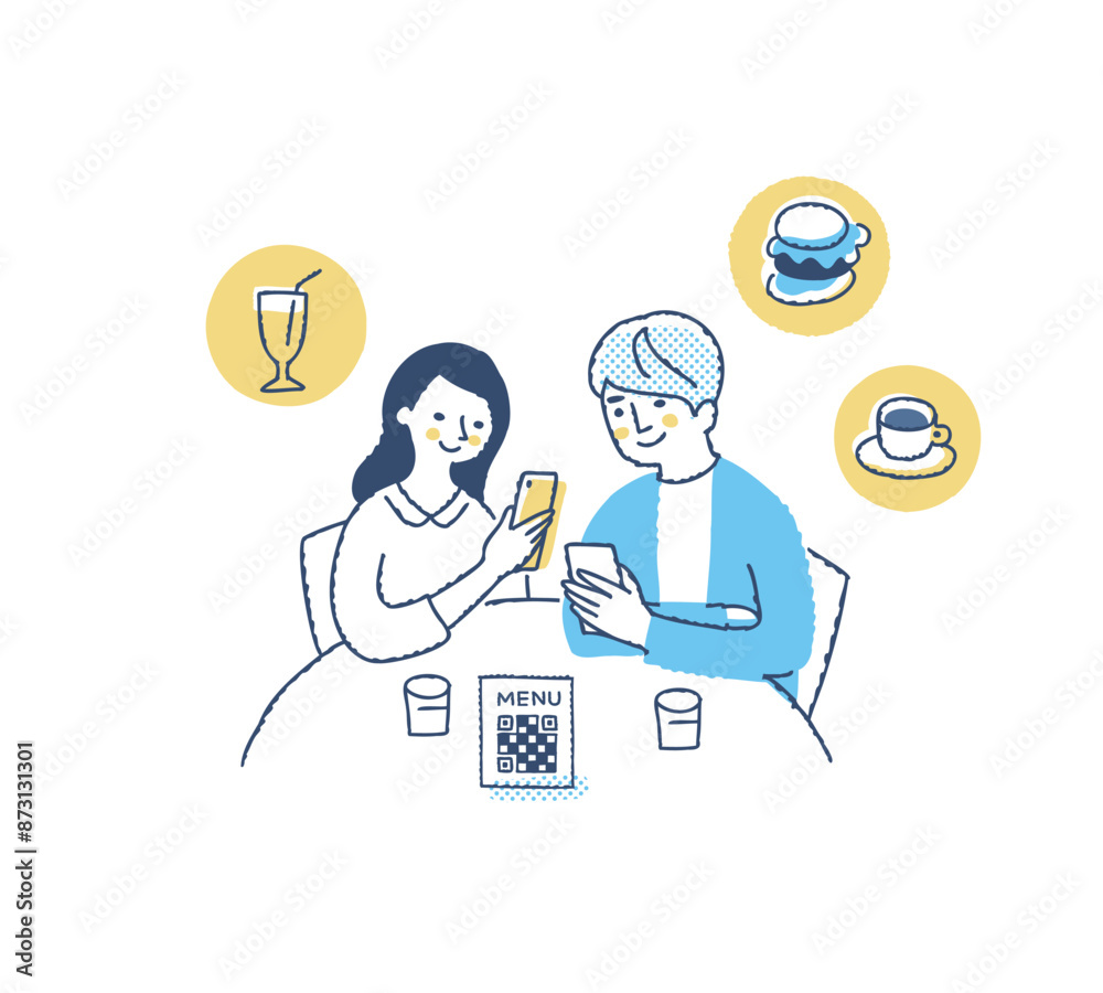 QRコードを読み取りスマホで料理を注文する客・テーブルオーダー QRコードを読み取りスマホで料理を注文する客・テーブルオーダー