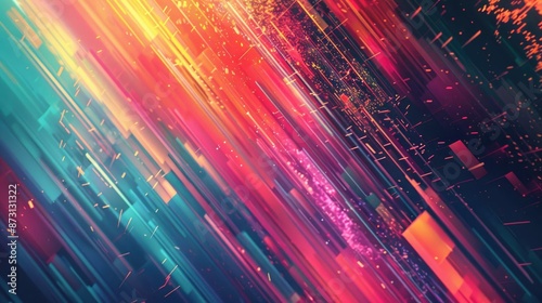 A vibrant abstract background with digital glitch effects in bright colors.