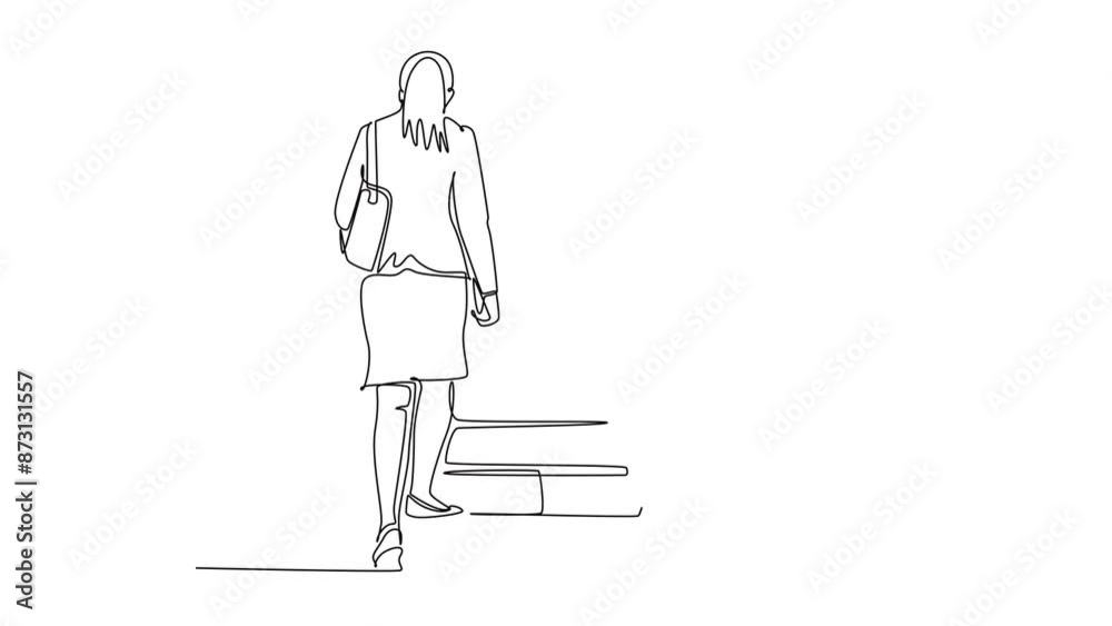 Animated self drawing of continuous line draw back view of young happy business women talking to her colleagues when walking on office stairs. Business conversation. Full length single line animation Animated self drawing of continuous line draw back view of young happy business women talking to her colleagues when walking on office stairs. Business conversation. Full length single line animation