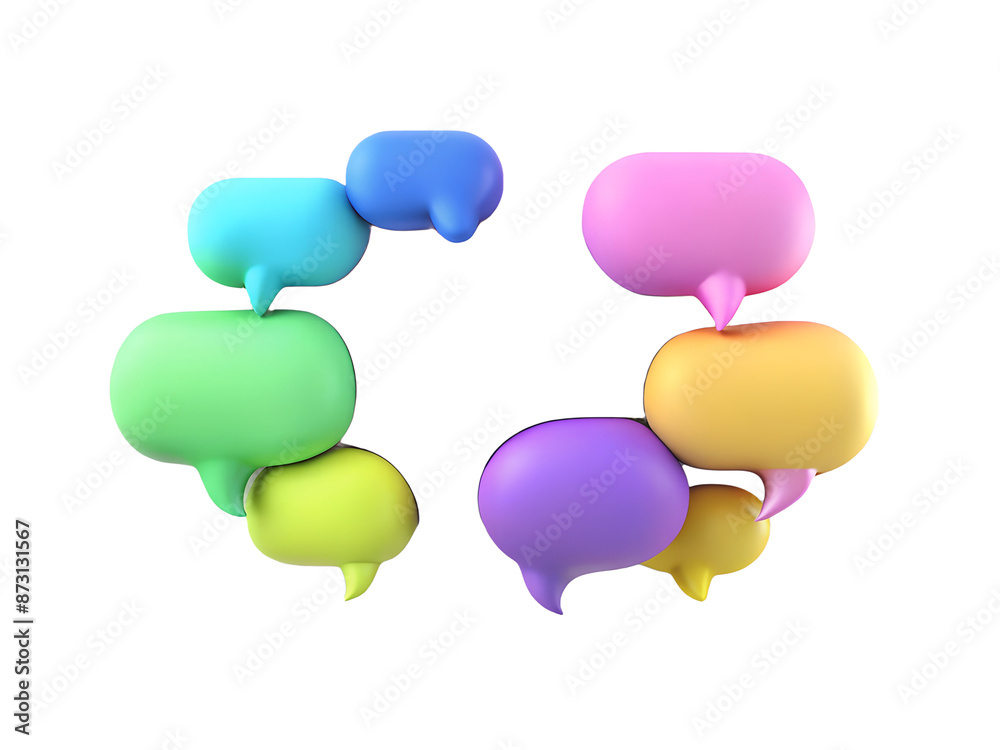 3D Render colorful Speech label bubbles with shadows isolated on white transparent background PNG file format. 3D Render colorful Speech label bubbles with shadows isolated on white transparent background PNG file format.