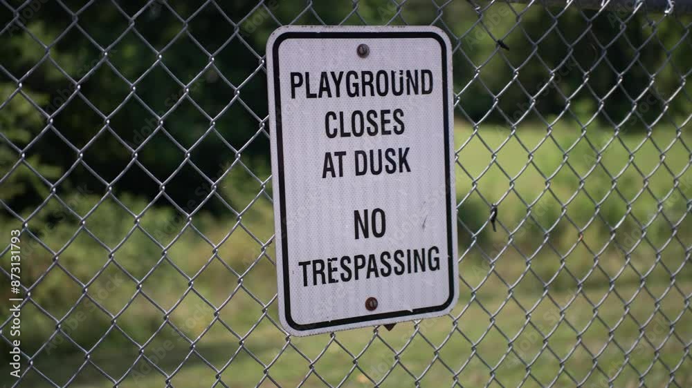 Sign on school playground fence saying it closes at dusk, no trespassing. Sign on school playground fence saying it closes at dusk, no trespassing.