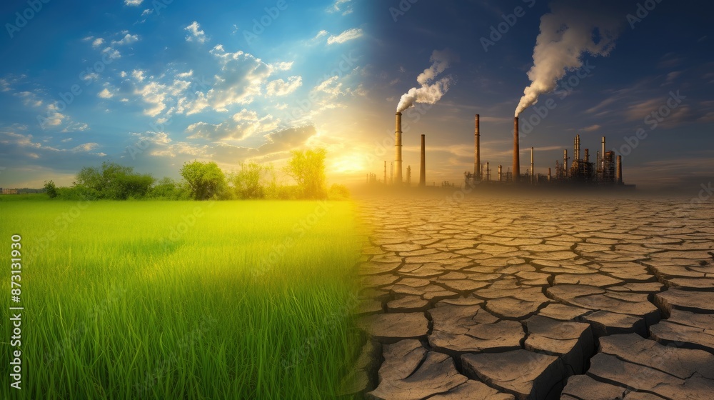 Obraz premium Contrasting Landscapes: Green Tranquility vs. Industrialization