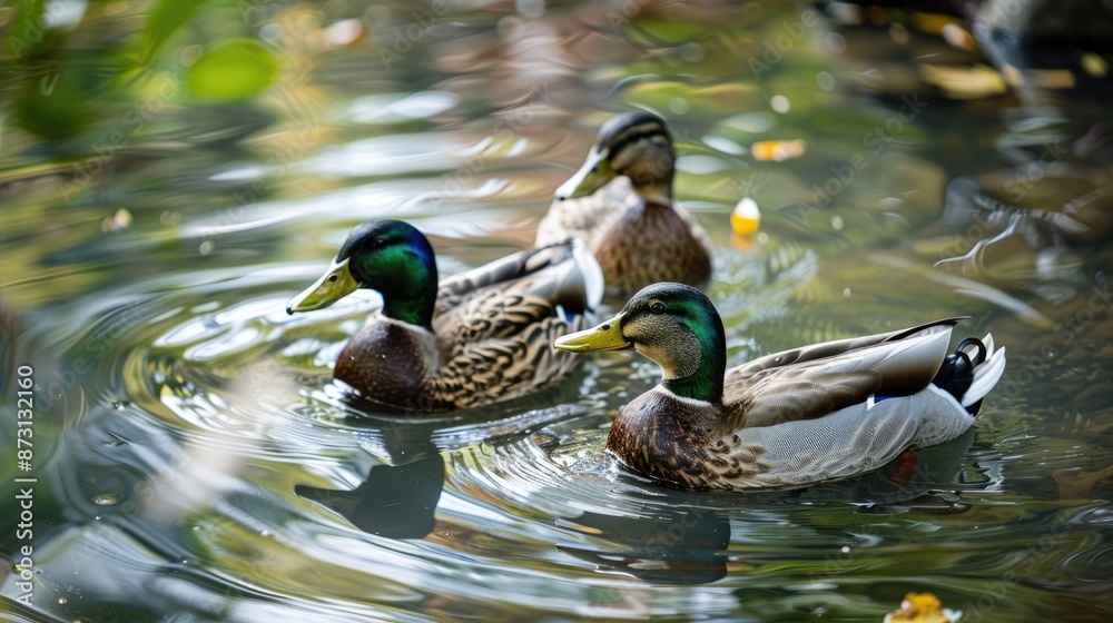 Fototapeta premium Ducks swimming in a pond s natural setting