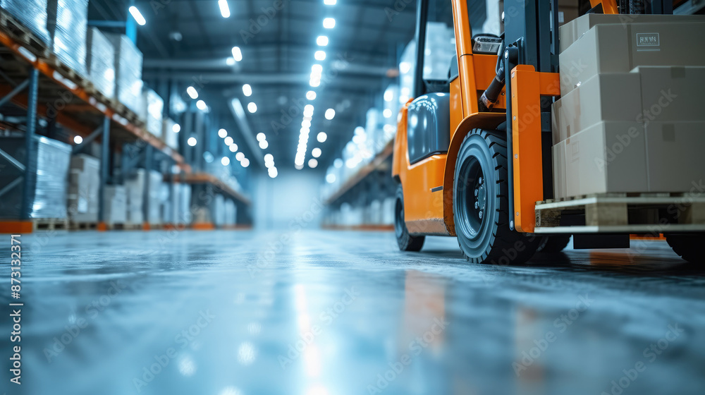 Dynamic Orange Forklift in High-Tech Warehouse Setting Dynamic Orange Forklift in High-Tech Warehouse Setting