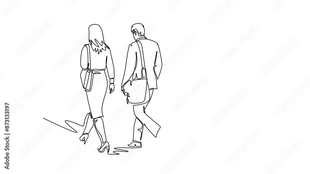 Self drawing animation of single line draw back view of male and female managers talking and walking together on office parking area. Urban commuter workers. Continuous line draw. Full length animated Self drawing animation of single line draw back view of male and female managers talking and walking together on office parking area. Urban commuter workers. Continuous line draw. Full length animated