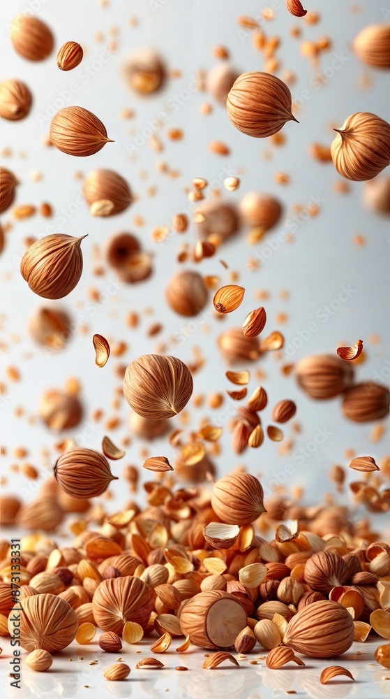 Vertical AI illustration flying hazelnuts in mid-air motion. Food concept. Vertical AI illustration flying hazelnuts in mid-air motion. Food concept.
