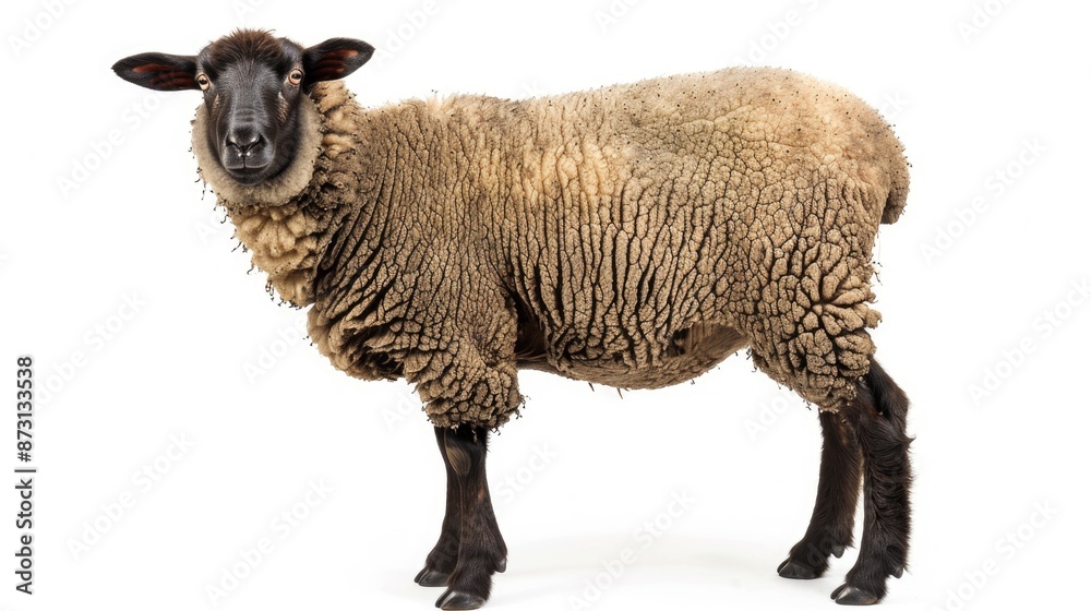Adult female Suffolk sheep aged 2 photographed against white backdrop Adult female Suffolk sheep aged 2 photographed against white backdrop