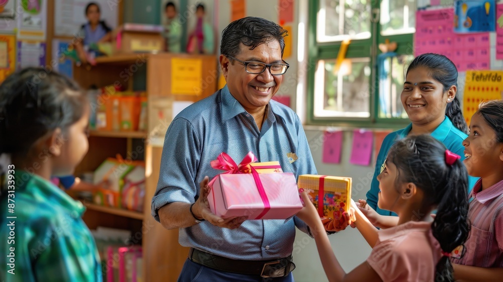 A man is giving a gift to a group of children A man is giving a gift to a group of children