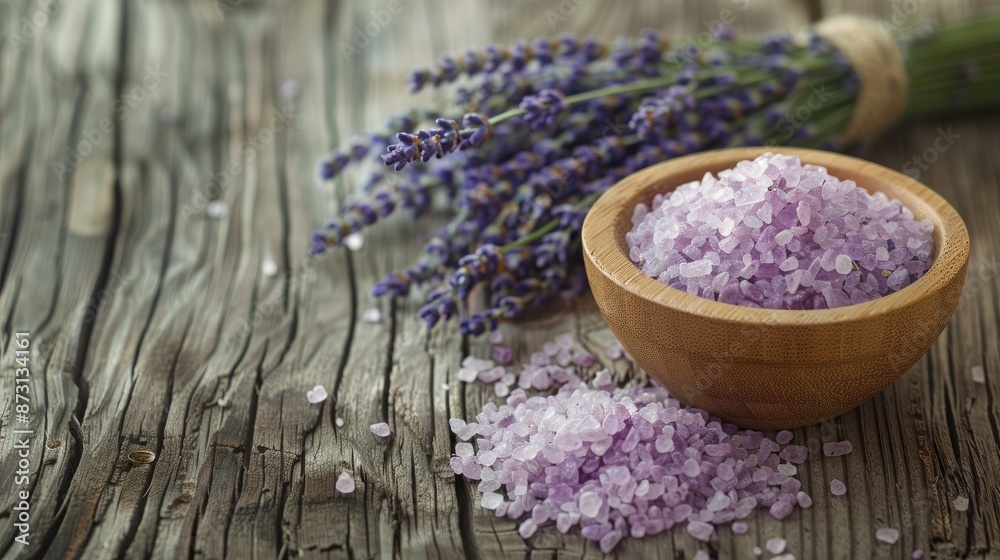 Lavender spa salt set with dry lavender branches on wooden background Lavender spa salt set with dry lavender branches on wooden background