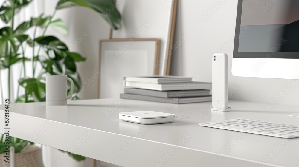 Minimalist White Workspace with Charging Pad and Phone Stand Minimalist White Workspace with Charging Pad and Phone Stand