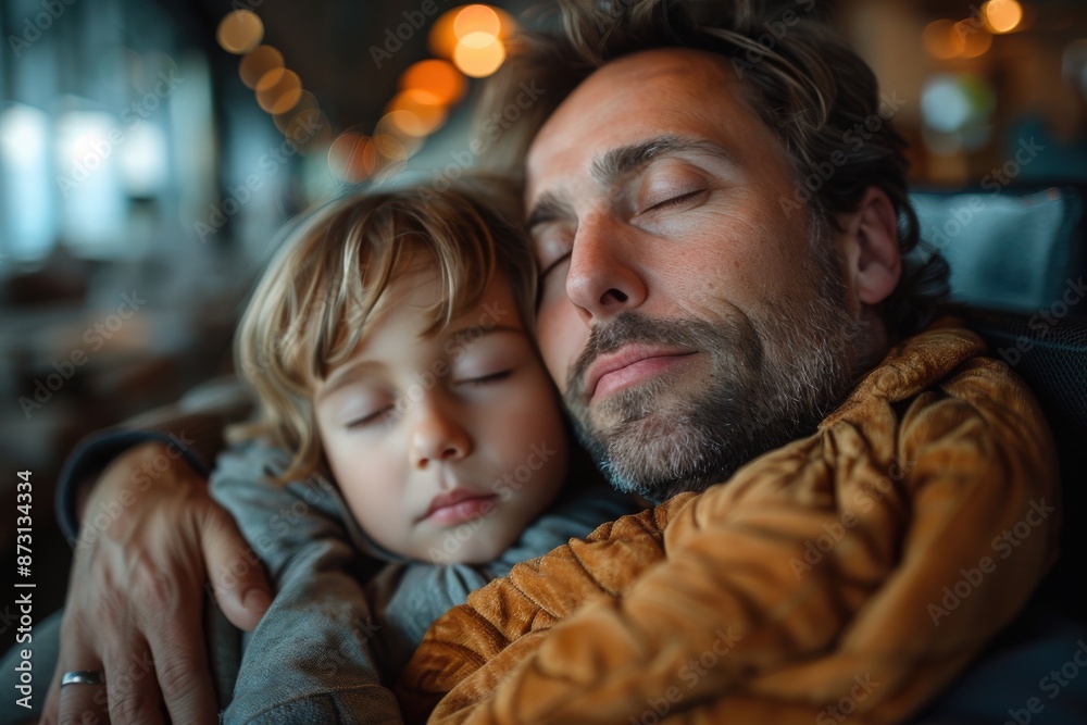 A heartwarming image of a father and his child cuddled up together, asleep in a busy airport terminal, both dressed warmly and sharing a moment of peace and security. A heartwarming image of a father and his child cuddled up together, asleep in a busy airport terminal, both dressed warmly and sharing a moment of peace and security.