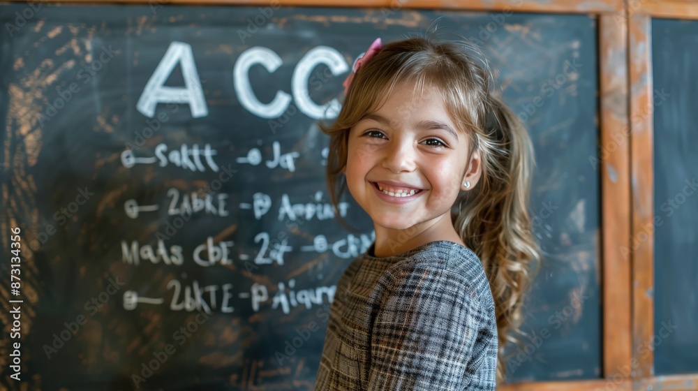 A young girl is smiling at the camera in front of a chalkboard with the letters A young girl is smiling at the camera in front of a chalkboard with the letters