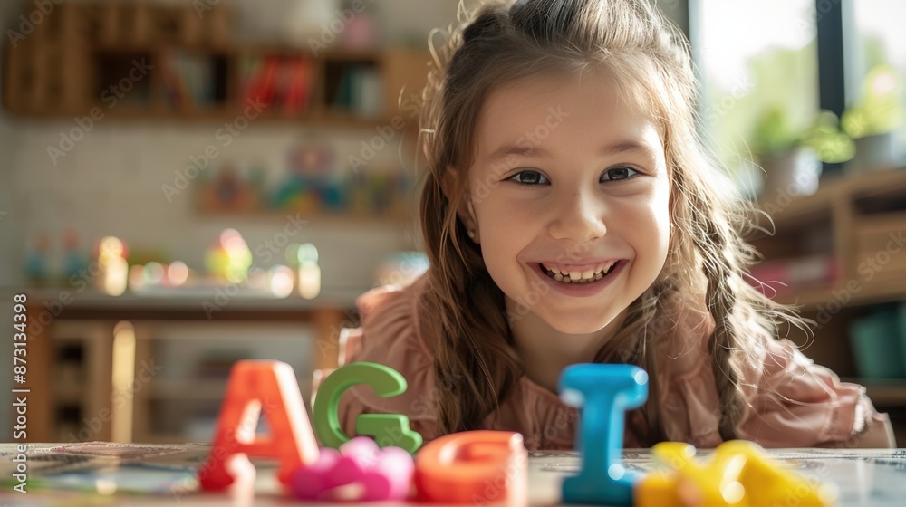 A young girl is smiling and laying on a table with a pile of alphabet blocks A young girl is smiling and laying on a table with a pile of alphabet blocks