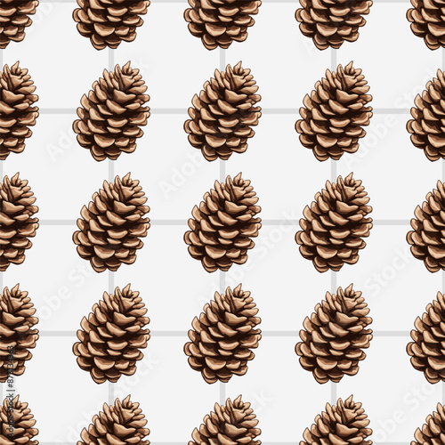Seamless vector pattern with pine cones and fir branches on yellow background, winter holiday design