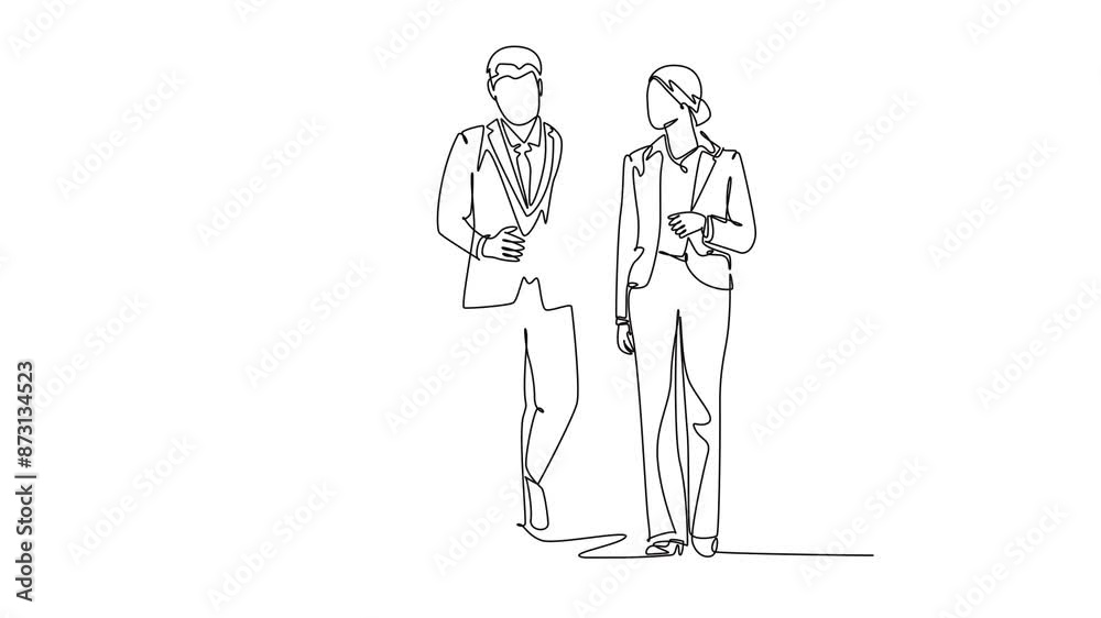 Animated self drawing of continuous line draw of young male and female employees talking and walking together on the street to go to city subway. Urban commuter workers. Full length one line animation Animated self drawing of continuous line draw of young male and female employees talking and walking together on the street to go to city subway. Urban commuter workers. Full length one line animation