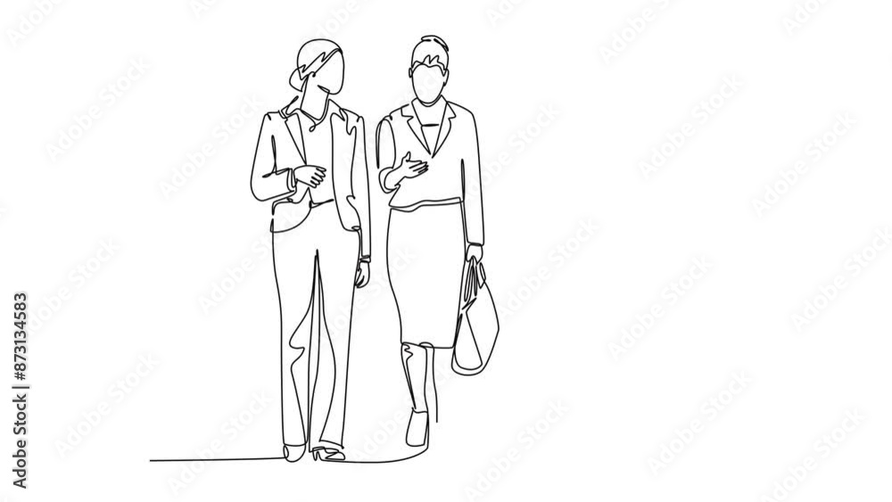 Self drawing animation of single line draw young female managers walking together neatly in row in city street go to office. Urban commuter workers concept. Continuous line draw. Full length animated Self drawing animation of single line draw young female managers walking together neatly in row in city street go to office. Urban commuter workers concept. Continuous line draw. Full length animated