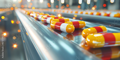 3D rendering of pills on a moving conveyor belt with a red and yellow pill in focus