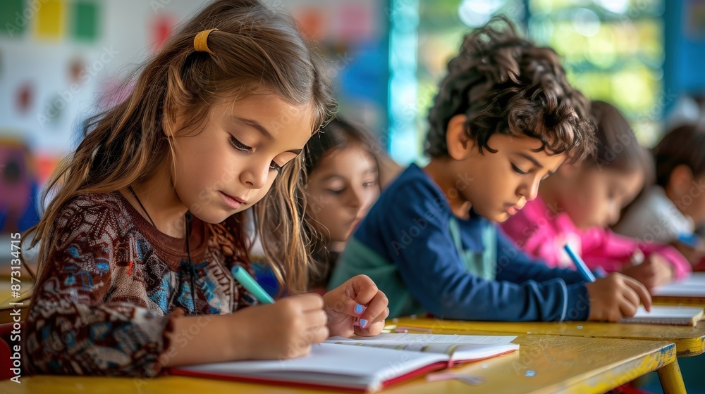A group of children are sitting at a desk and writing in their notebooks A group of children are sitting at a desk and writing in their notebooks